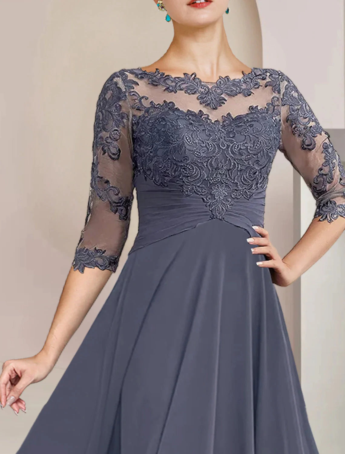 wo Piece A-Line Mother of the Bride Dress Formal Wedding Guest Elegant Scoop Neck Tea Length Chiffon Lace 3/4 Length Sleeve Wrap Included with Appliques Ruching