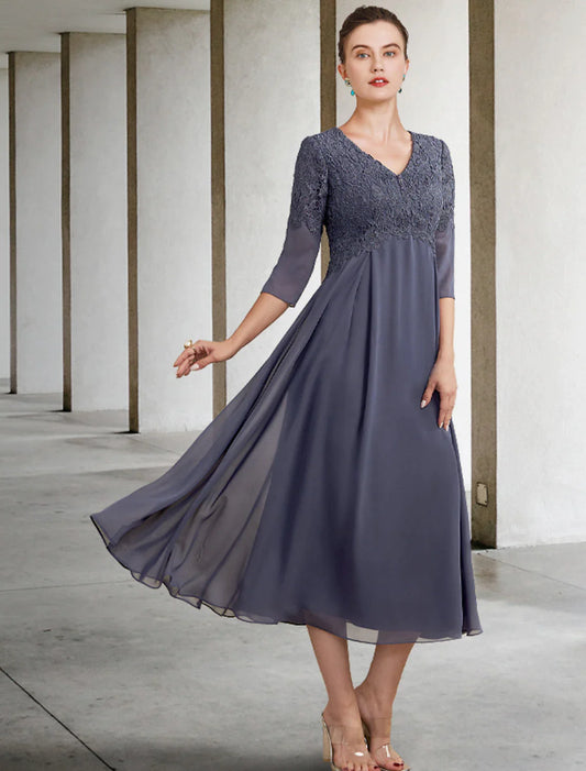 A-Line Mother of the Bride Dress Plus Size Elegant V Neck Tea Length Chiffon Lace 3/4 Length Sleeve with Ruffles Appliques