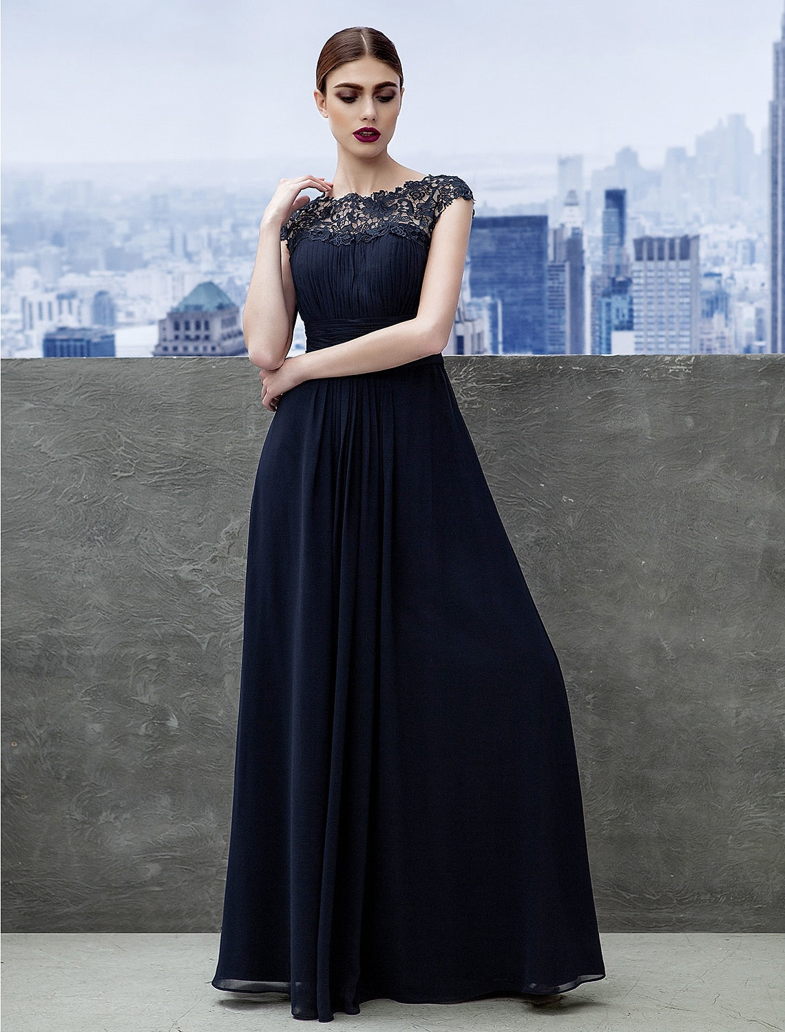 A-Line Evening Gown Empire Dress Wedding Guest Floor Length Short Sleeve Boat Neck Chiffon with Ruched Lace Insert