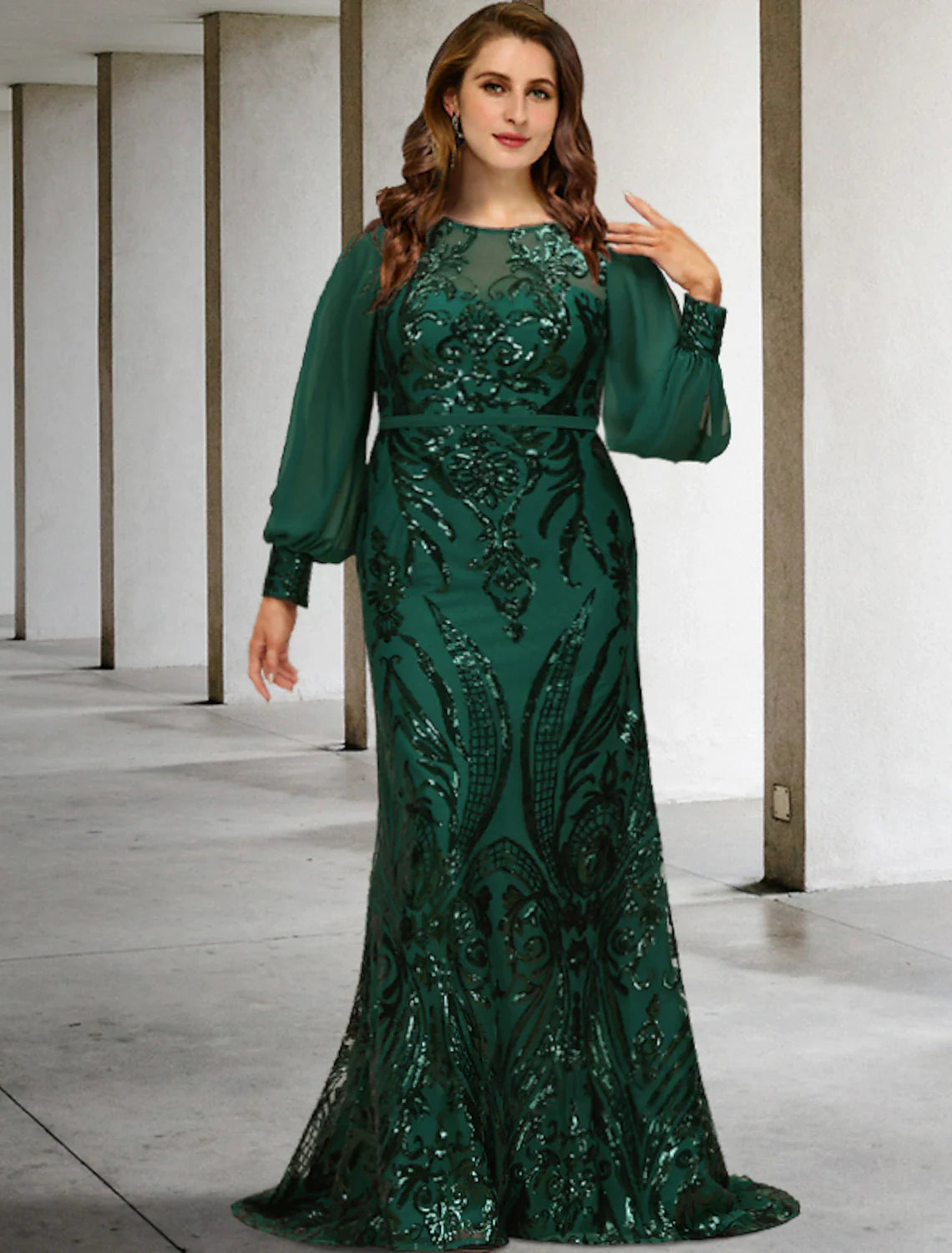 Mermaid / Trumpet Plus Size Curve Mother of the Bride Dresses Elegant Dress Formal Sweep / Brush Train Long Sleeve Jewel Neck Chiffon with Sequin