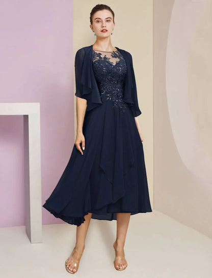 Two Piece A-Line Mother of the Bride Dress Formal Elegant Scoop Neck Tea Length Chiffon Lace Short Sleeve Wrap Included with Pleats Sequin Appliques