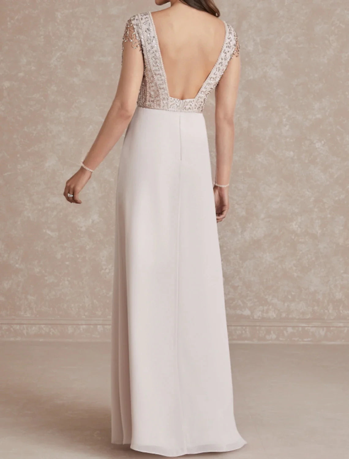 A-Line Evening Gown Glittering Dress Engagement Sweep / Brush Train Short Sleeve V Neck Chiffon with Sequin Slit