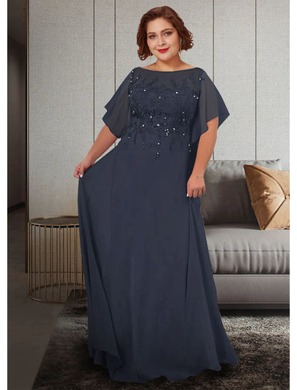 A-Line Mother of the Bride Dress Plus Size Elegant Jewel Neck Floor Length Chiffon Lace Half Sleeve with Appliques