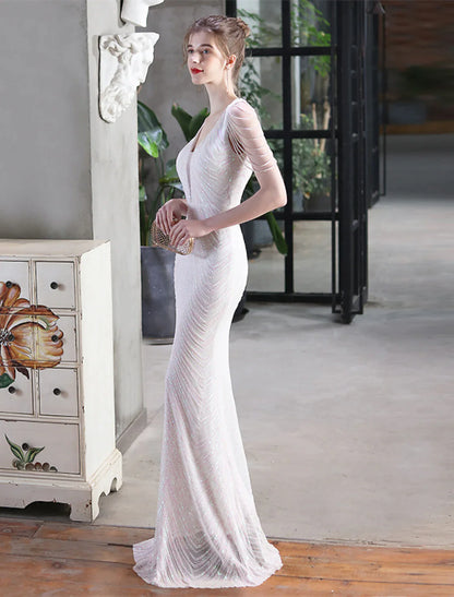 Mermaid / Trumpet Prom Dresses Elegant Dress Formal Floor Length Sleeveless V Neck Sequined with Sequin