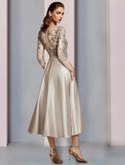 A-Line Mother of the Bride Dress Wedding Guest Elegant V Neck Tea Length Satin Lace Half Sleeve with Pleats Appliques