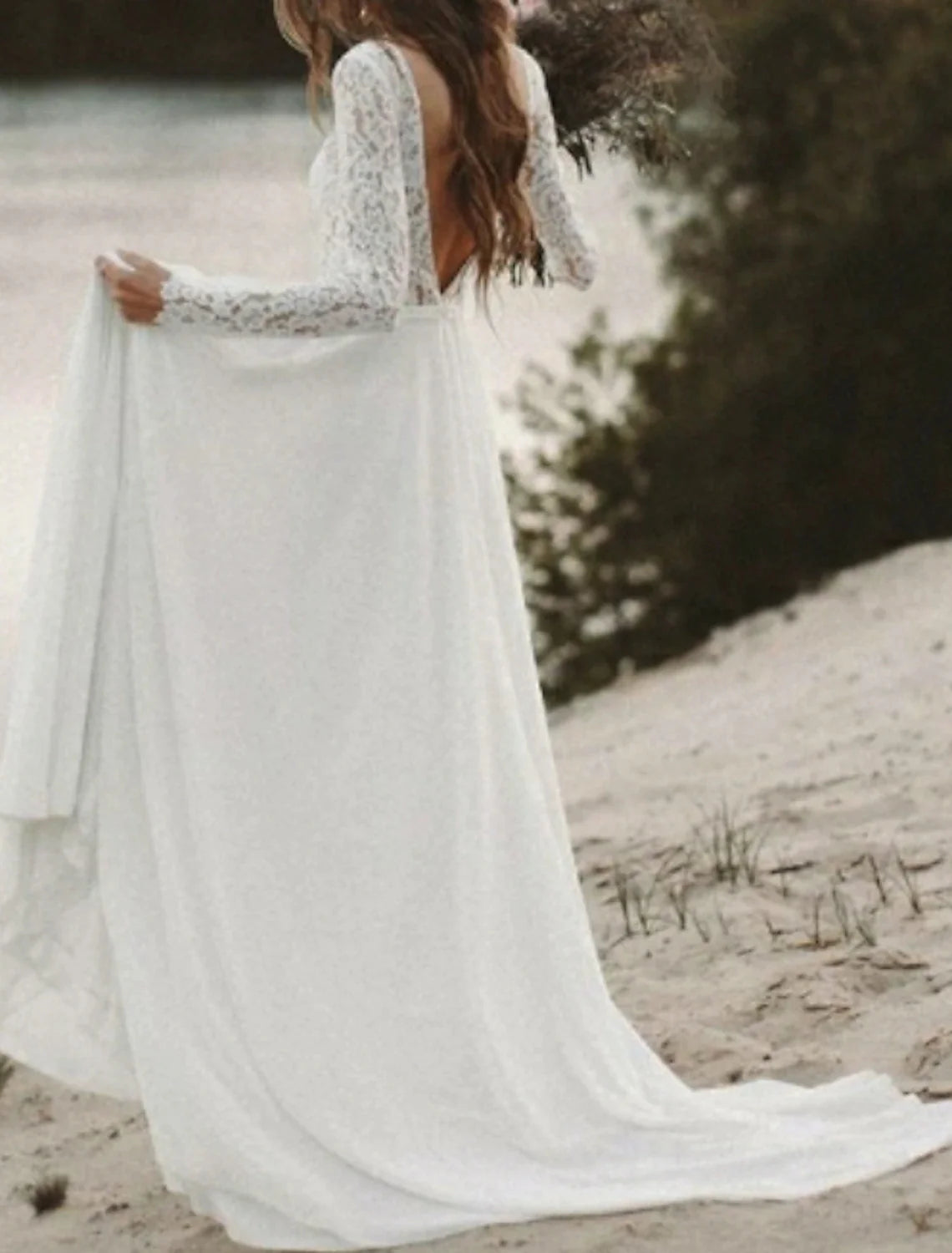 Beach Boho Wedding Dresses A-Line V Neck Long Sleeve Sweep / Brush Train Chiffon Bridal Gowns With