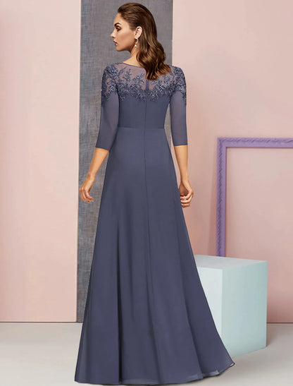 A-Line Mother of the Bride Dress Formal Elegant Jewel Neck Floor Length Chiffon Lace 3/4 Length Sleeve with Sequin Appliques