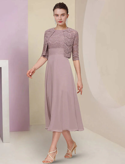 Two Piece Mother of the Bride Dress Wedding Guest Church Elegant Jewel Neck Tea Length Chiffon Lace Half Sleeve with Solid Color