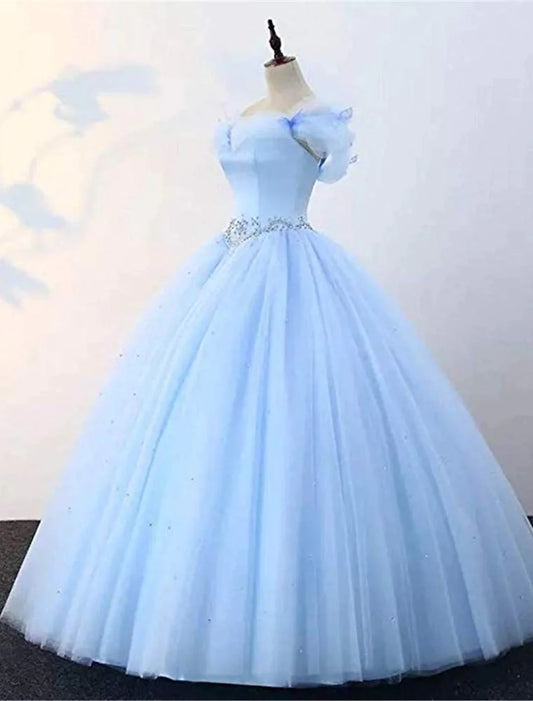 Ball Gown Prom Dresses Princess Dress Graduation Floor Length Sleeveless Off Shoulder Tulle with Pearls Beading Butterfly