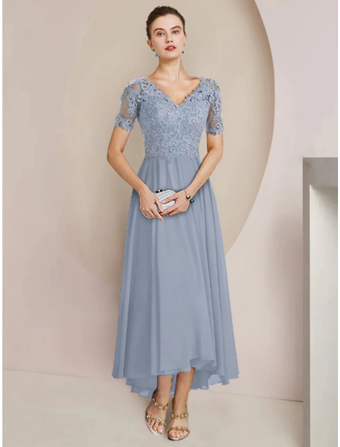Sheath / Column Mother of the Bride Dress Wedding Guest Vintage Elegant V Neck Asymmetrical Ankle Length Chiffon Lace Half Sleeve with Pleats Solid Color