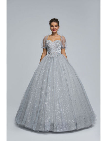 Ball Gown Prom Dresses Princess Dress Graduation Floor Length Short Sleeve Sweetheart Tulle with Sequin Appliques