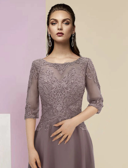 A-Line Mother of the Bride Dress Elegant High Low Jewel Neck Asymmetrical Ankle Length Chiffon Lace Half Sleeve with Pleats Appliques