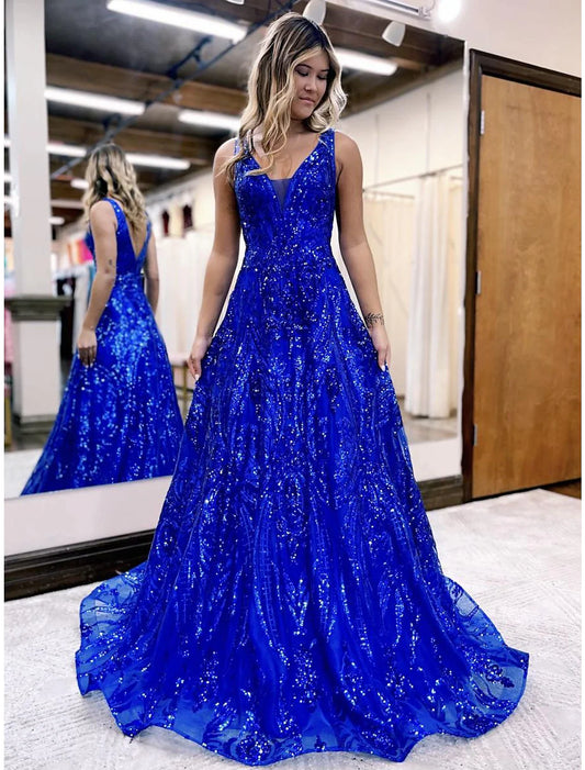 A-Line Prom Dresses Sparkle & Shine Dress Formal Floor Length Sleeveless V Neck Sequined V Back with Sequin