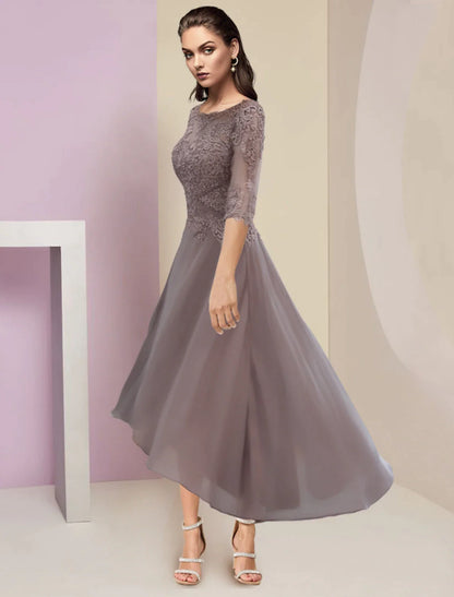 A-Line Mother of the Bride Dress Elegant High Low Jewel Neck Asymmetrical Ankle Length Chiffon Lace Half Sleeve with Pleats Appliques