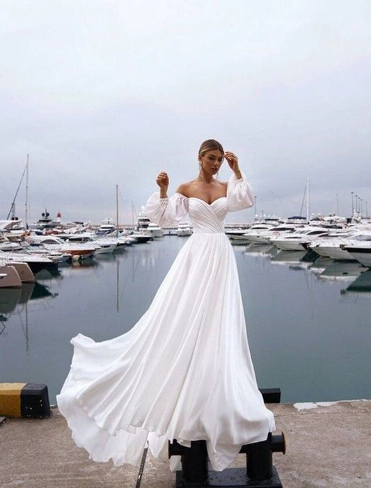 Beach Casual Wedding Dresses A-Line Off Shoulder Long Sleeve Sweep / Brush Train Chiffon Bridal Gowns With Ruched