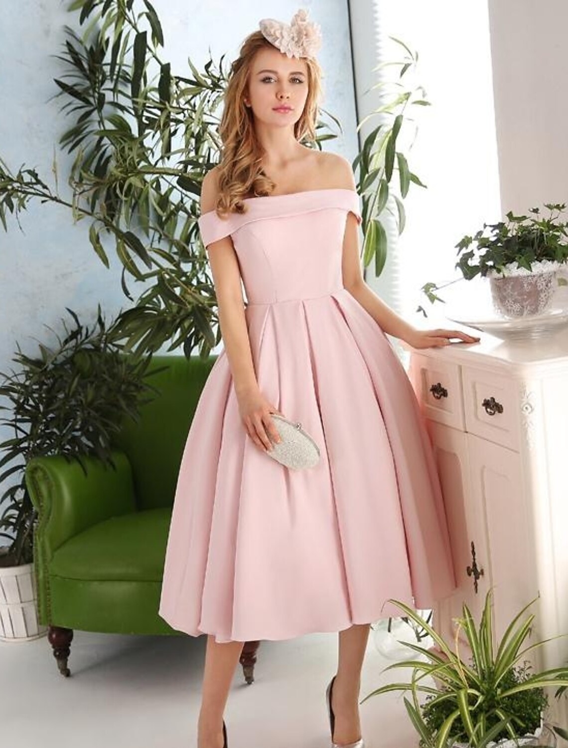 A-Line Cocktail Dresses Vintage Dress Engagement Tea Length Sleeveless Off Shoulder Stretch Fabric with Pleats