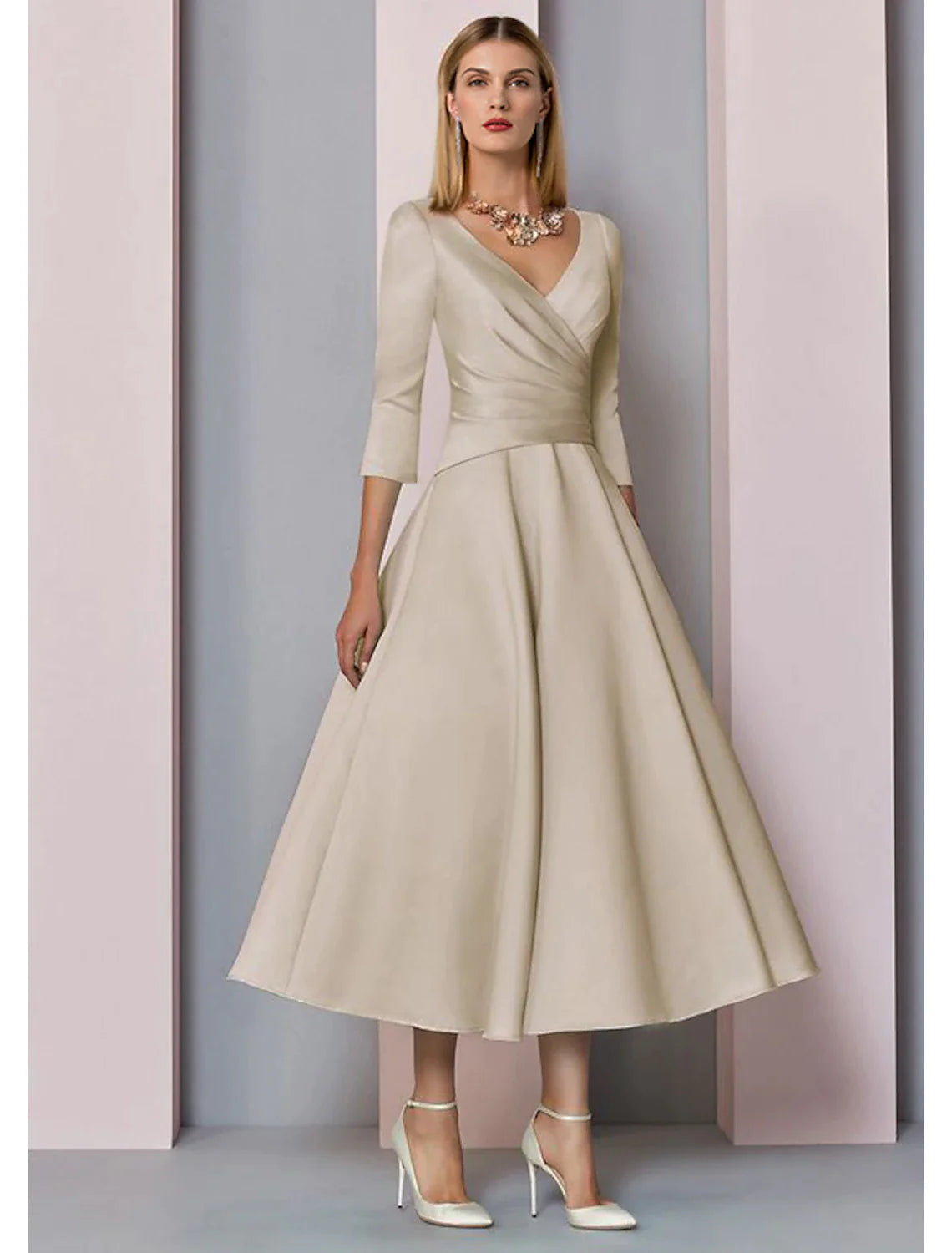 A-Line Mother of the Bride Dress Wedding Guest Vintage Plus Size Elegant V Neck Tea Length Satin 3/4 Length Sleeve with Pleats