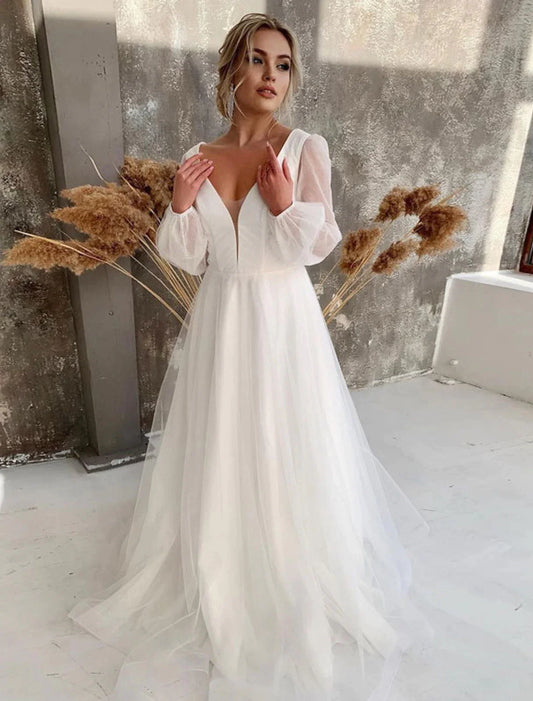 Reception Casual Wedding Dresses A-Line V Neck Long Sleeve Floor Length Tulle Bridal Gowns With Solid Color