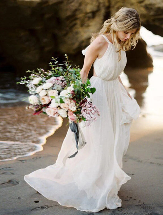 Beach Open Back Boho Wedding Dresses A-Line Halter Sleeveless Sweep / Brush Train Chiffon Bridal Gowns With