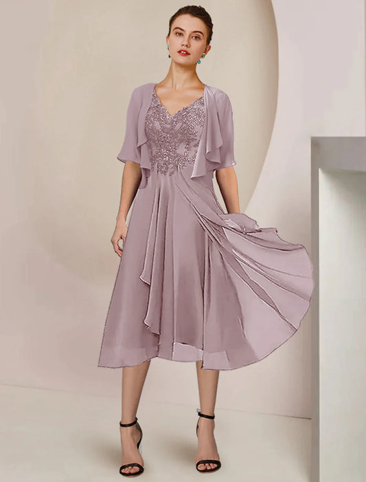 Two Piece A-Line Mother of the Bride Dress Formal Wedding Guest Elegant V Neck Asymmetrical Tea Length Chiffon Lace Short Sleeve Wrap Included with Pleats Applique