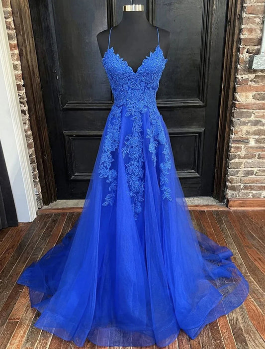 A-Line Prom Dresses Open Back Dress Formal Court Train Sleeveless V Neck Tulle Backless V Back with Beading Appliques