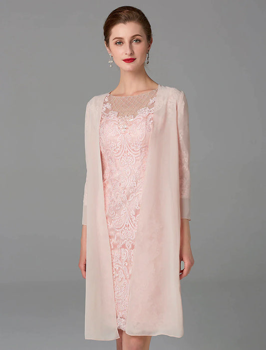 Two Piece Sheath / Column Mother of the Bride Dress Church Sparkle & Shine Jewel Neck Knee Length Chiffon Lace 3/4 Length Sleeve Jacket Dresses with Beading Appliques