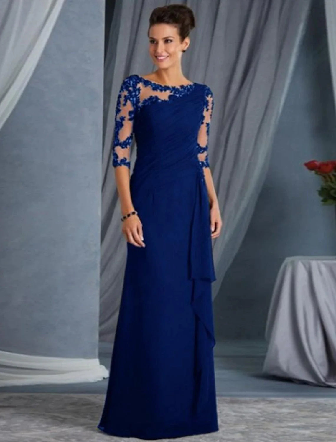 Sheath / Column Evening Gown Elegant Dress Wedding Guest Floor Length Half Sleeve Jewel Neck Lace with Appliques