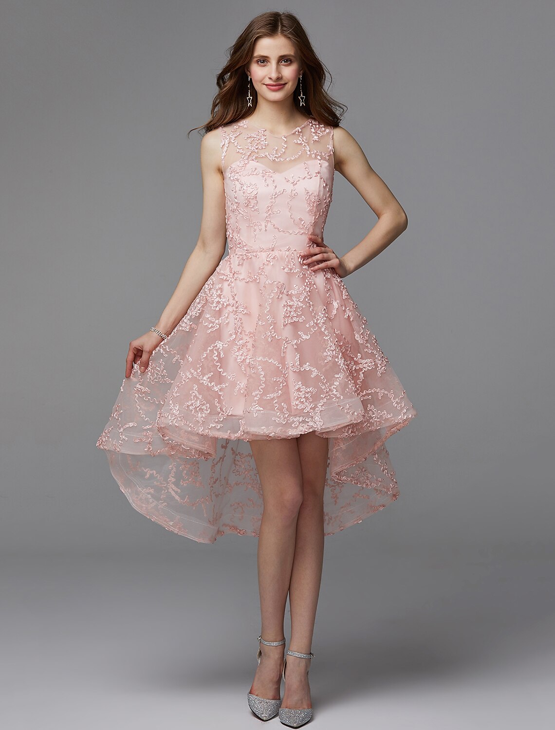 A-Line Hot Dress Wedding Guest Asymmetrical Sleeveless Illusion Neck Tulle with Appliques