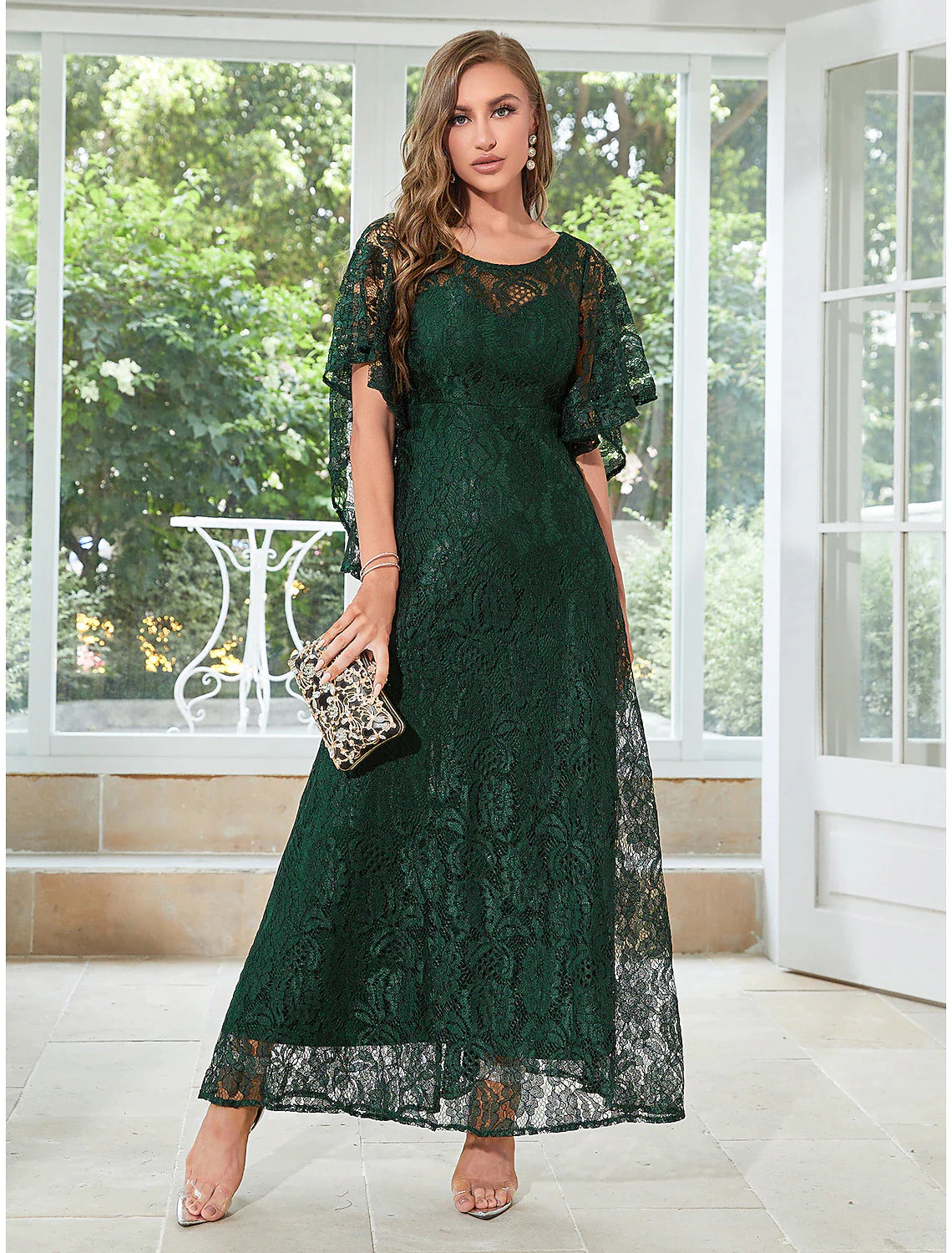 A-Line Wedding Guest Dresses Elegant Dress Party Wear Ankle Length Half Sleeve Jewel Neck Lace with Ruffles Appliques