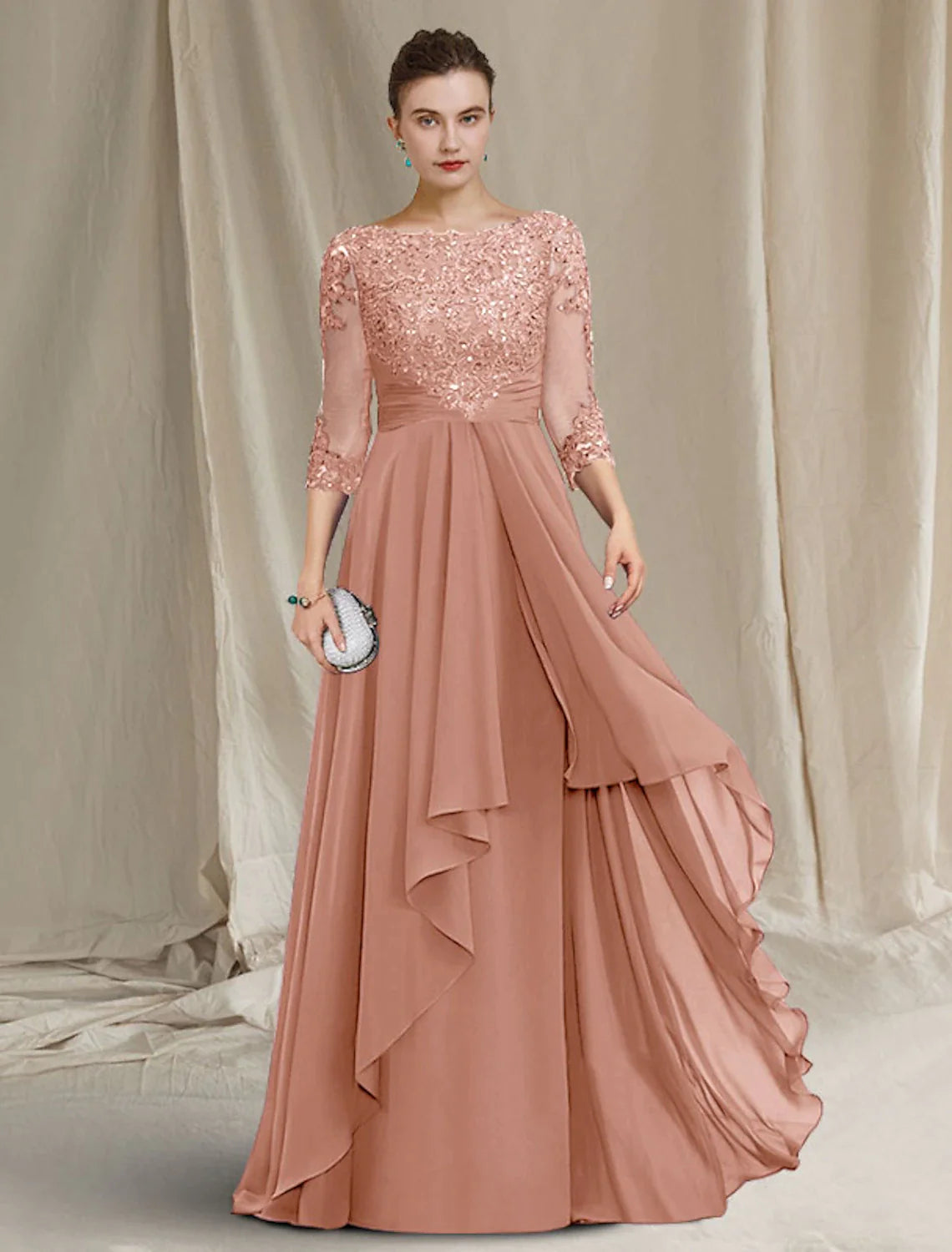 A-Line Mother of the Bride Dress Luxurious Elegant Jewel Neck Floor Length Chiffon Lace Sequined 3/4 Length Sleeve with Pleats Beading Appliques