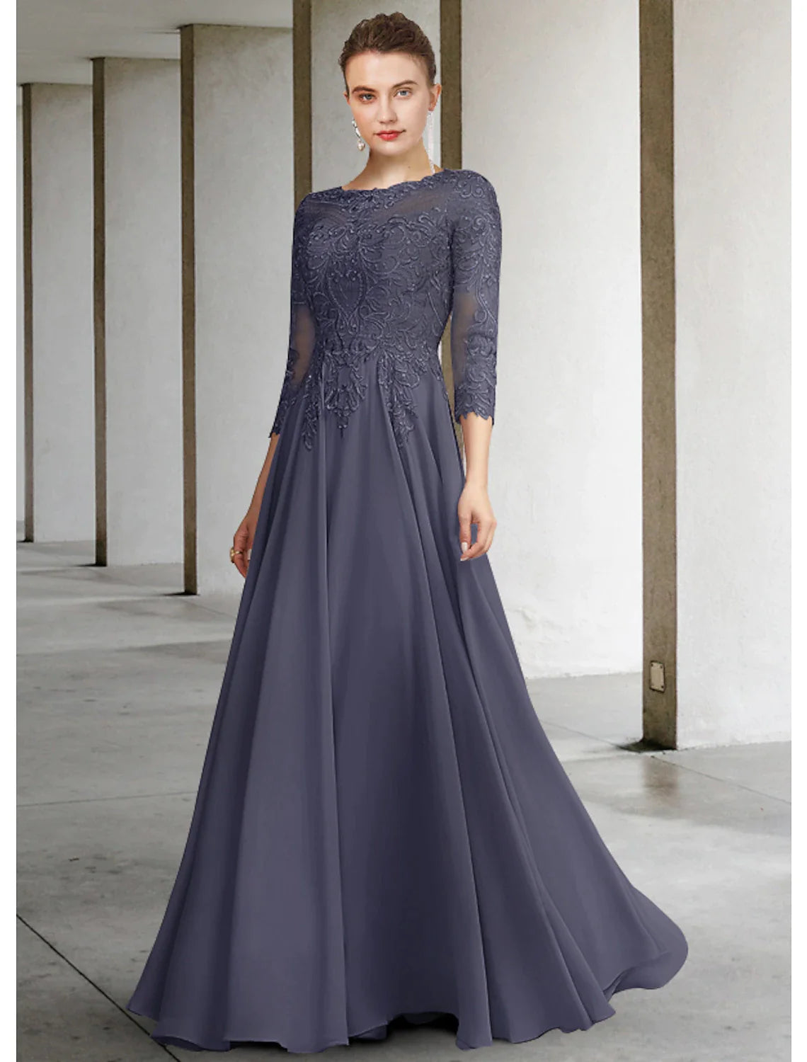 A-Line Mother of the Bride Dress Elegant Jewel Neck Floor Length Chiffon Lace 3/4 Length Sleeve with Pleats Appliques