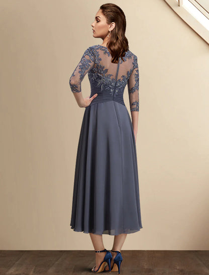 A-Line Mother of the Bride Dress Plus Size Elegant High Low Jewel Neck Asymmetrical Tea Length Chiffon Lace 3/4 Length Sleeve with Sequin Appliques