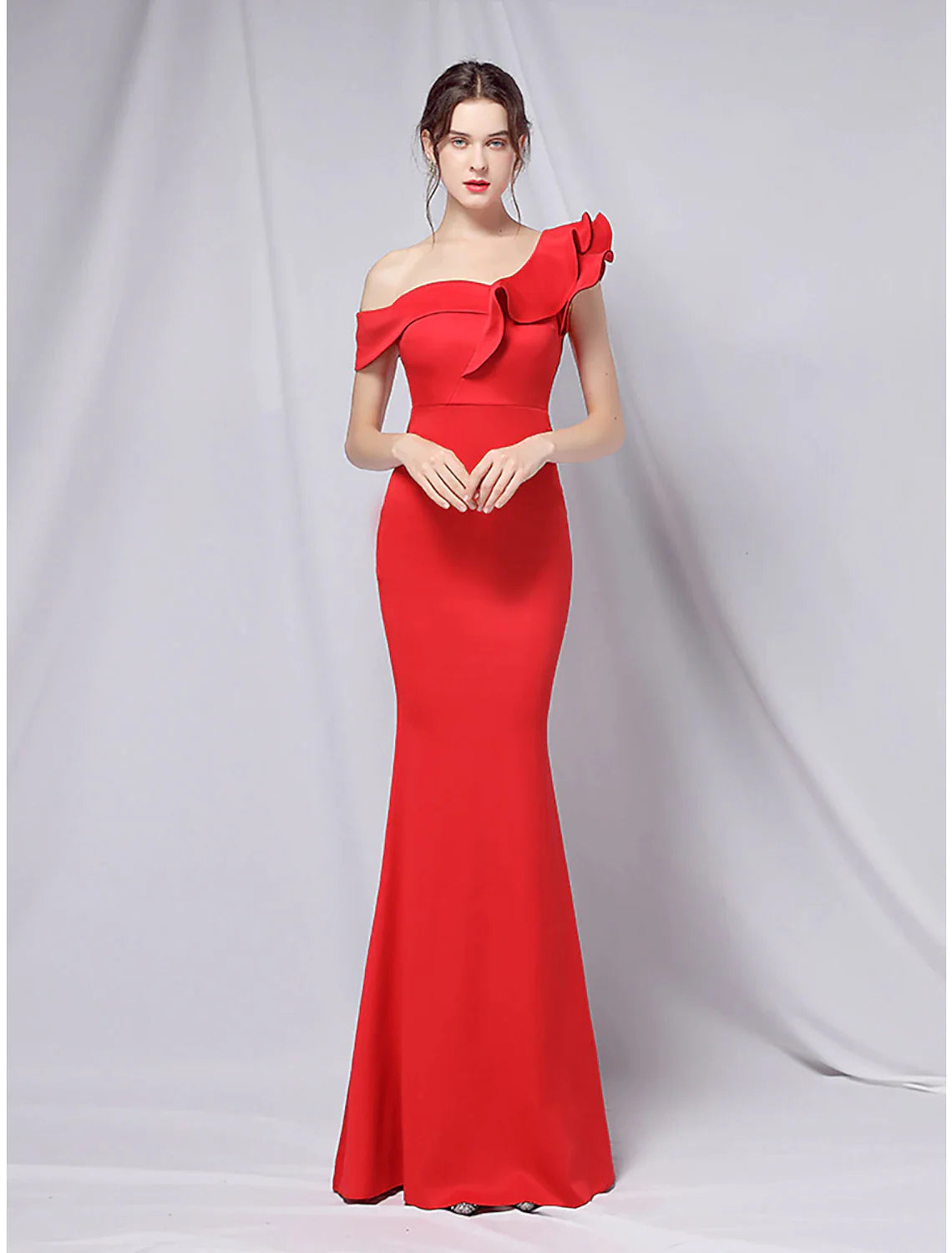 Mermaid / Trumpet Evening Gown Empire Dress Wedding Guest Floor Length Short Sleeve One Shoulder Stretch Satin with Ruffles