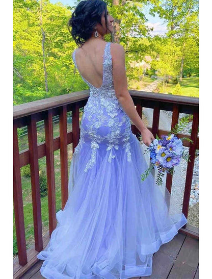 Mermaid / Trumpet Prom Dresses Floral Dress Formal Sweep / Brush Train Sleeveless V Neck Tulle with Ruffles Appliques