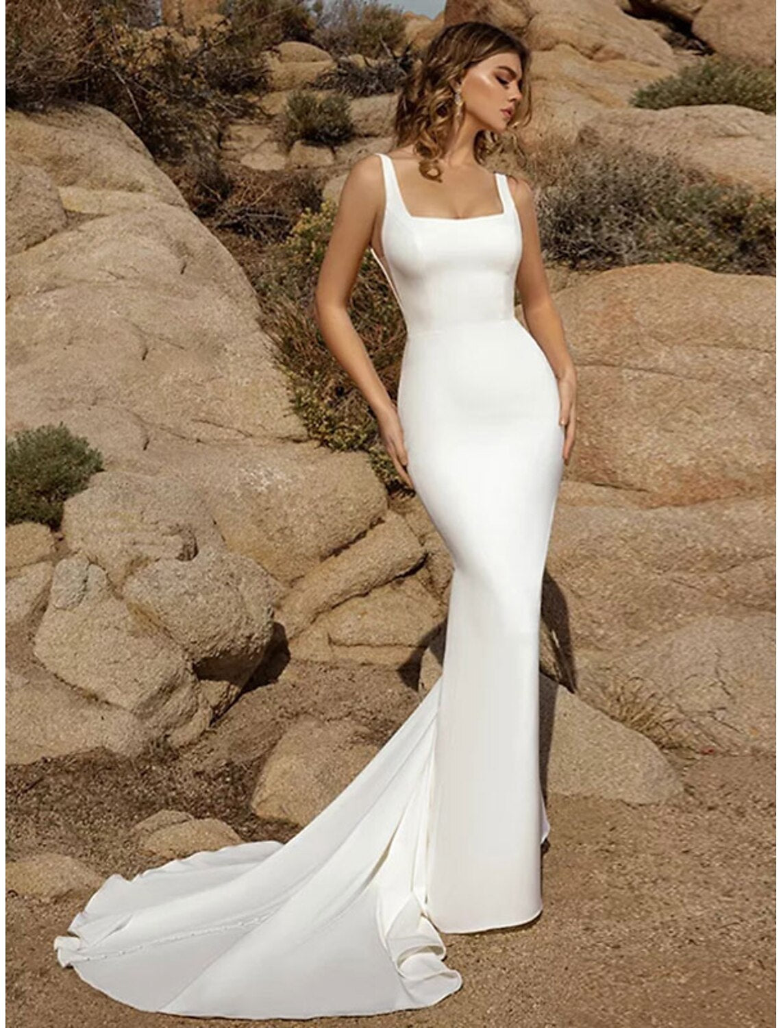 Beach Open Back Casual Wedding Dresses Mermaid / Trumpet Square Neck Sleeveless Court Train Stretch Fabric Bridal Gowns With Buttons Solid Color
