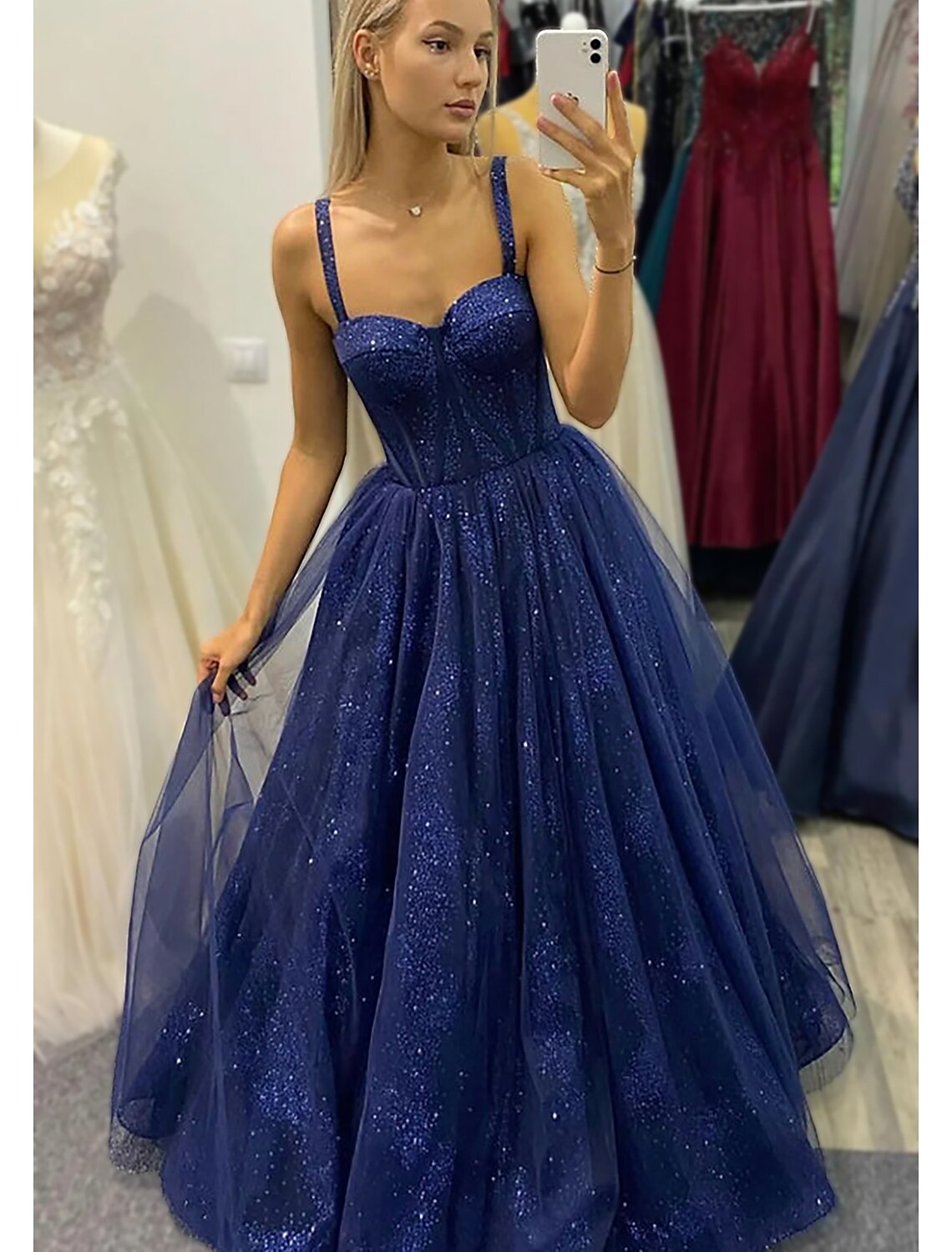 Ball Gown A-Line Prom Dresses Sparkle & Shine Dress Formal Floor Length Sleeveless Sweetheart Tulle Backless with Glitter Pleats