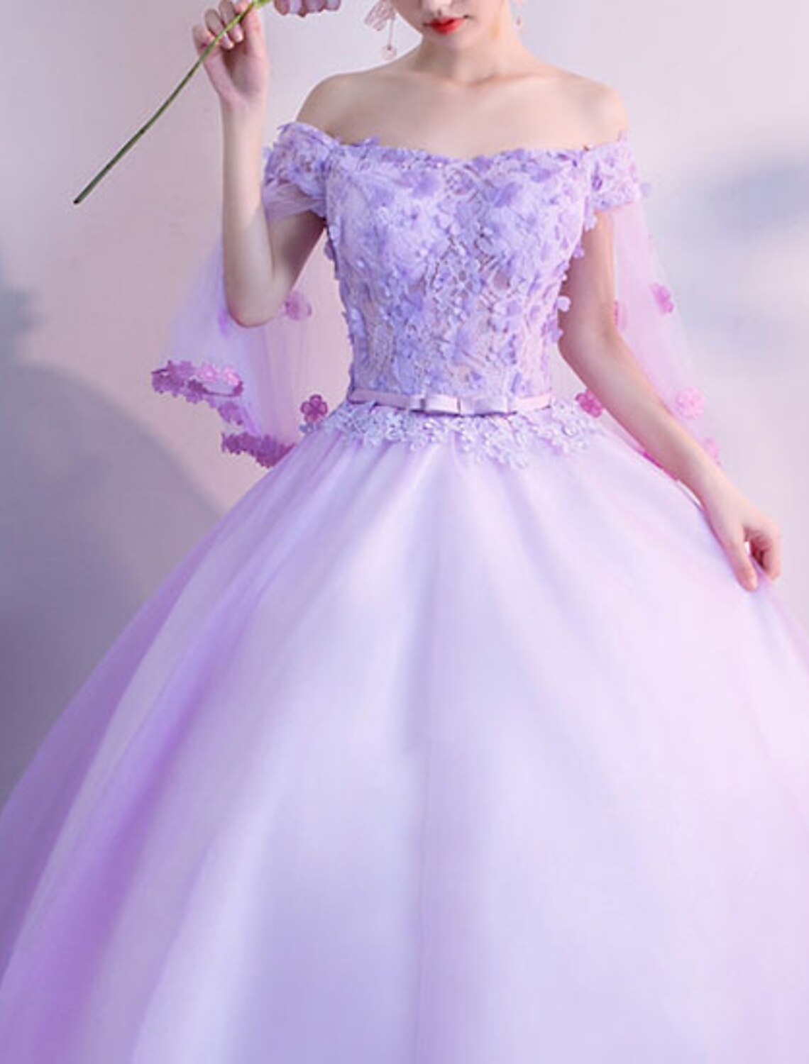 Ball Gown Elegant Floral Quinceanera Formal Evening Dress Off Shoulder Half Sleeve Floor Length Tulle with Appliques
