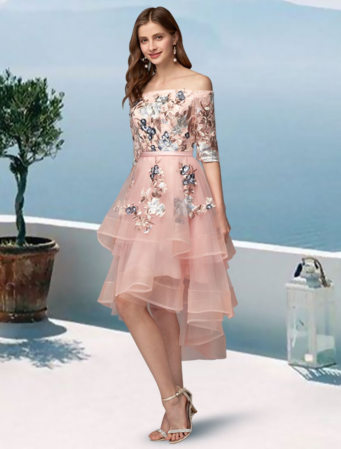 A-Line Prom Dresses Floral Dress Evening Party Asymmetrical Half Sleeve Off Shoulder Satin with Embroidery Appliques