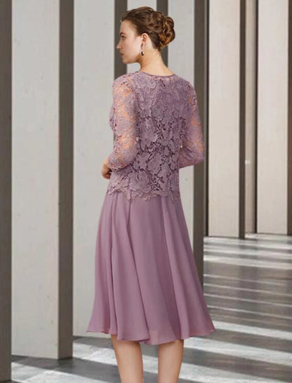 Two Piece A-Line Mother of the Bride Dress Elegant Jewel Neck Knee Length Chiffon Lace Sleeveless with Solid Color