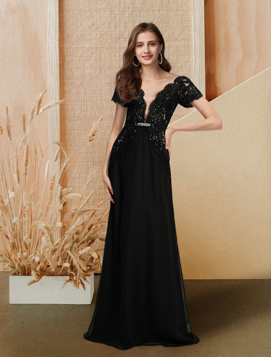 A-Line Evening Gown Empire Dress Engagement Floor Length Short Sleeve V Neck Chiffon with Sequin Lace Insert