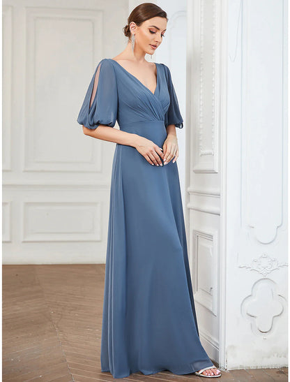 A-Line Evening Gown Minimalist Dress Wedding Guest Floor Length Half Sleeve V Neck Chiffon with Pleats