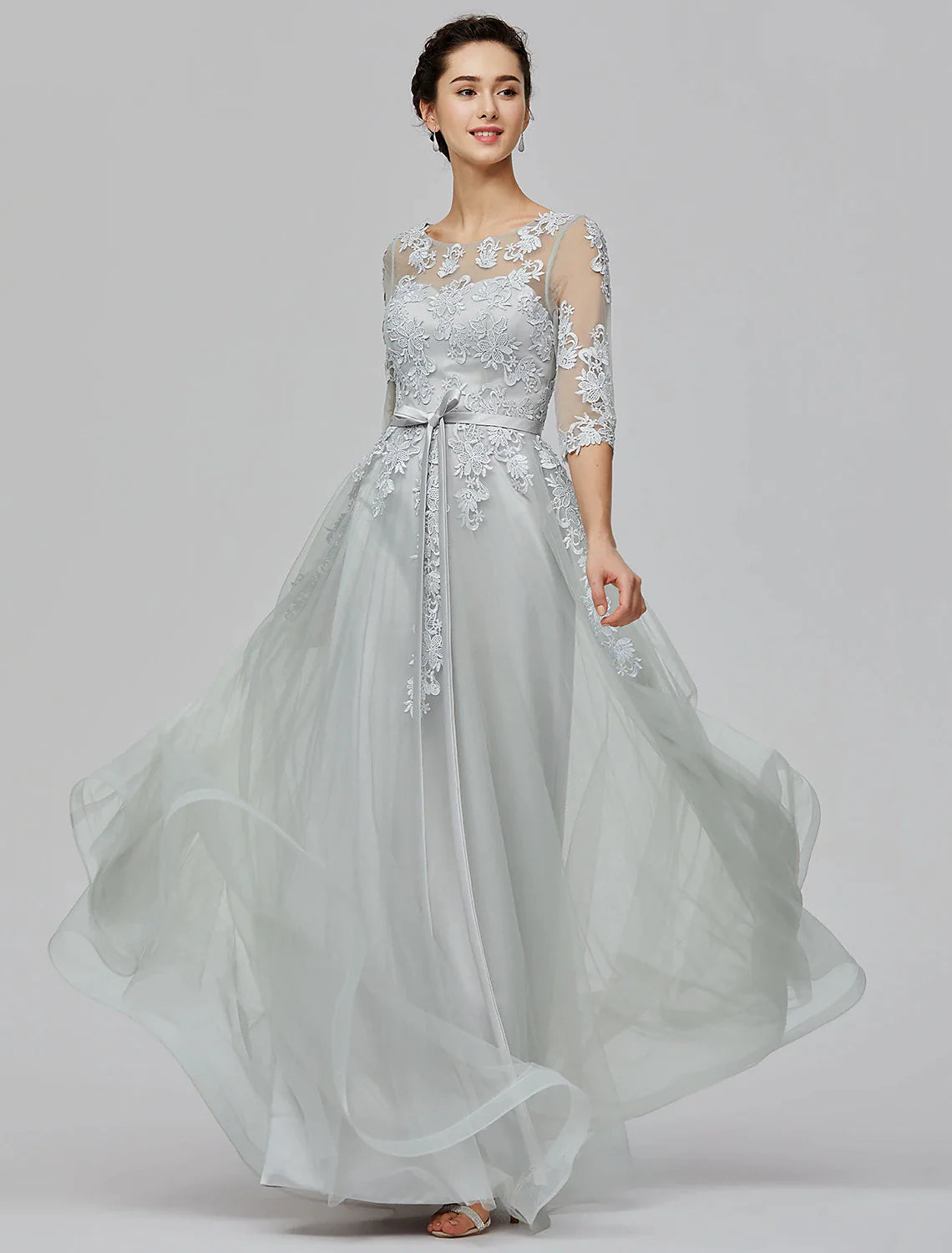 A-Line Empire Dress Wedding Guest Floor Length Half Sleeve Illusion Neck Tulle with Bow(s) Appliques