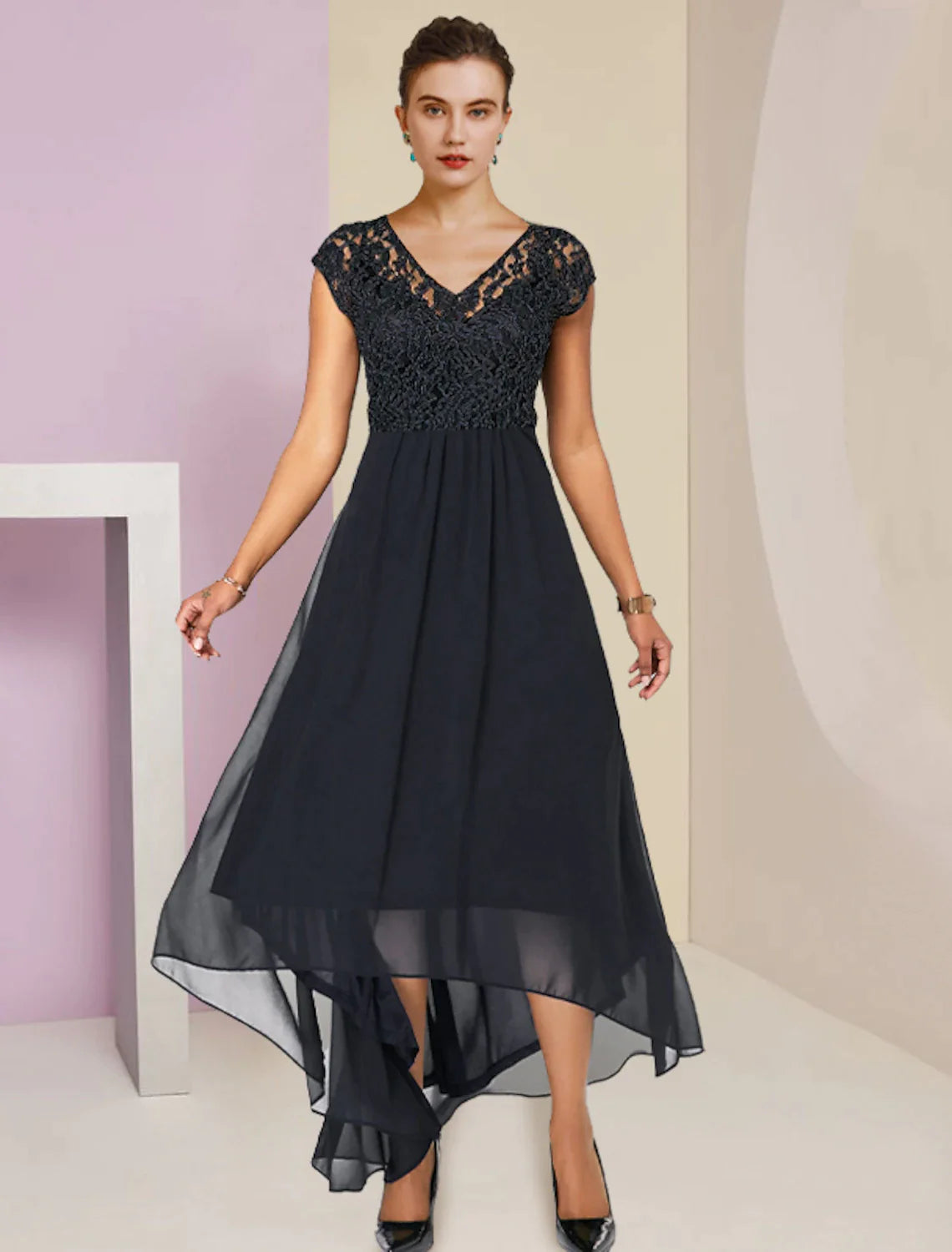 Two Piece A-Line Mother of the Bride Dress Formal Wedding Guest Elegant High Low V Neck Asymmetrical Tea Length Chiffon Lace Sleeveless Wrap Included with Pleats Appliques