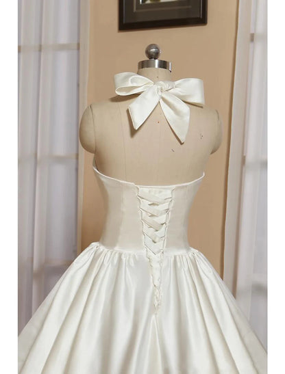 Reception Little White Dresses Wedding Dresses A-Line Halter Sleeveless Tea Length Satin Bridal Gowns With Bow(s) Pleats