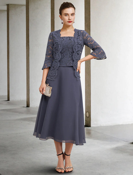 A-Line 3 Piece Mother of the Bride Dress Plus Size Elegant Square Neck Tea Length Chiffon Lace Sleeveless Wrap Included Jacket Dresses with Crystals Ruffles