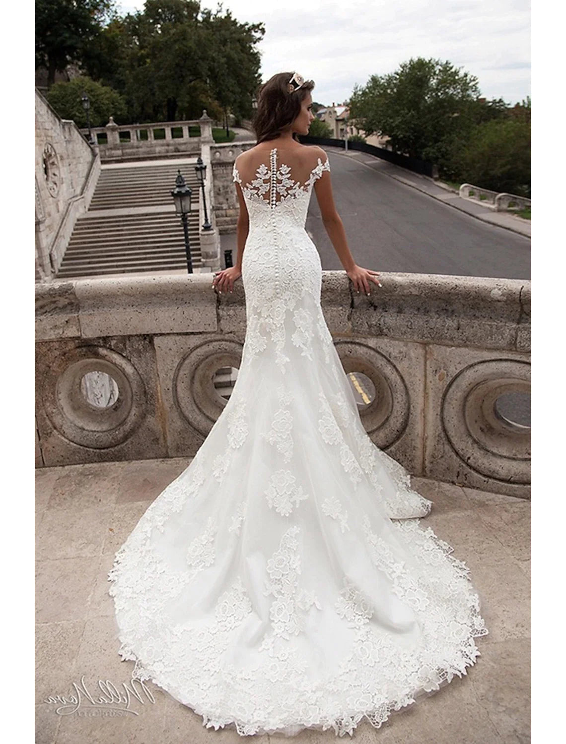 Engagement Open Back Formal Wedding Dresses Mermaid / Trumpet Off Shoulder Cap Sleeve Court Train Lace Bridal Gowns With Appliques