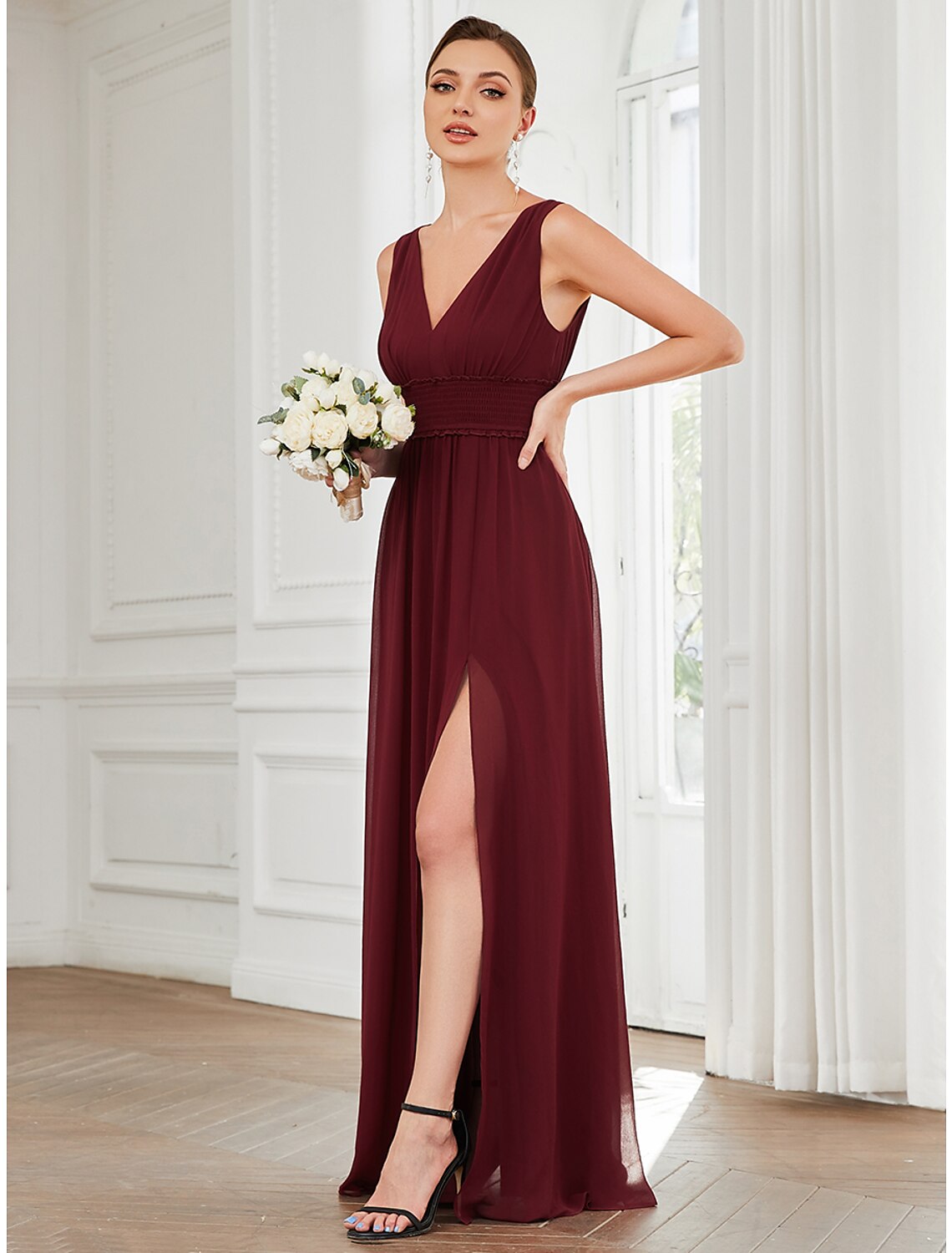 A-Line Evening Gown Minimalist Dress Wedding Guest Floor Length Sleeveless V Neck Chiffon with Pleats