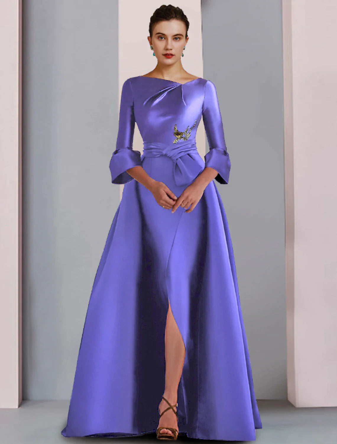 A-Line Mother of the Bride Dress Formal Party Elegant Scoop Neck Floor Length Satin 3/4 Length Sleeve with Bow(s) Pleats Embroidery