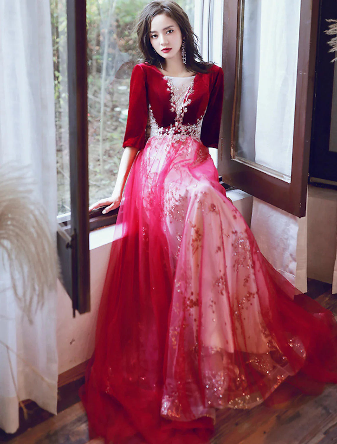 A-Line Glittering Cut Out Party Wear Formal Evening Dress Illusion Neck Half Sleeve Floor Length Velvet with Sequin Appliques
