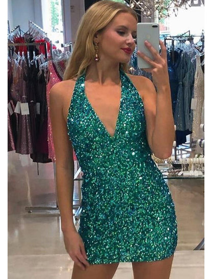 Mermaid / Trumpet Party Dresses Sexy Dress Cocktail Party Short / Mini Sleeveless V Neck Sequined Backless with Sequin